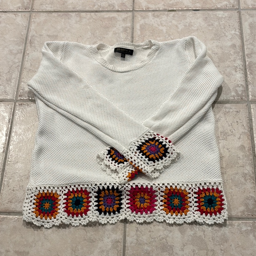 White Crew Neck Sweater with Colorful Crochet Accents